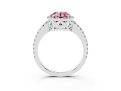 Fancy Pink Round Cut Diamond Halo Ring Set in Platinum with Pavé Shoulders and Halo-Framed Center