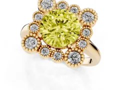 Fancy Yellow Round Cut Diamond Cluster Halo Ring Set in Yellow gold with Milgrain Bezel Accents and Plain Band