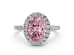 Fancy Pink Oval Cut Diamond Halo Pavé Engagement Ring Set in Silver with Prong Setting