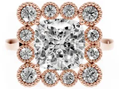 Cushion Cut Diamond Cluster Halo Ring Set in Rose gold with Milgrain Bezel Accents and Plain Band