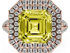 Fancy Yellow Asscher Cut Diamond Double Halo Ring Set in Rose gold with Pavé Band