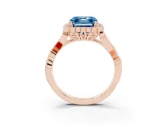 Fancy Blue Asscher Cut Diamond Halo Ring Set in Rose gold with Leaf Motif Split Shank and Prong Setting