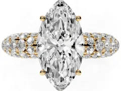 Marquise Cut Diamond Pavé Band Solitaire Ring Set in Yellow gold with Close-Set Accent Stones and Prong Setting