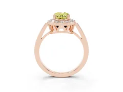 Fancy Yellow Oval Cut Diamond Halo Ring Set in Rose gold with Accent-Lined Split Shank and Prong Setting