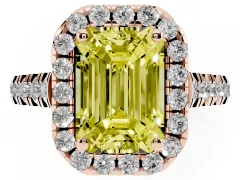 Fancy Yellow Emerald Cut Diamond Halo Engagement Ring Set in Rose gold with Pavé Band and Prong-Set Center