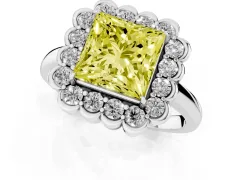 Fancy Yellow Princess Cut Diamond Halo Cluster Engagement Ring Set in Platinum with Solitaire Band and Prong Setting