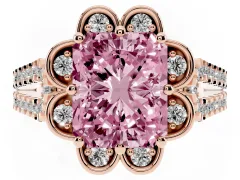 Fancy Pink Radiant Cut Diamond Floral Halo Split Shank Engagement Ring Set in Rose gold with Pavé Shank