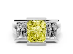 Fancy Yellow Radiant Cut Diamond Three-Stone Channel Set Ring Set in Platinum with Smooth Polished Band