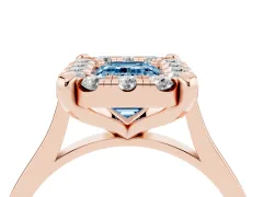 Fancy Blue Emerald Cut Diamond Cluster Halo Solitaire Ring Set in Rose gold with Prong Setting