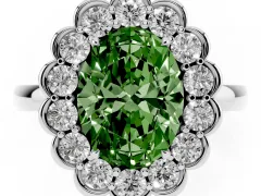Fancy Green Oval Cut Diamond Halo Cluster Engagement Ring Set in White gold with Solitaire Band and Prong Setting
