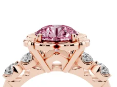 Fancy Pink Round Cut Diamond Floral Halo Ring Set in Rose gold with Shared Prong Band