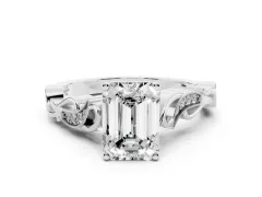 Emerald Cut Diamond Vine Band Solitaire Ring Set in Platinum with Milgrain Prong Setting