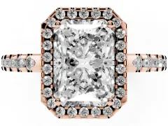 Radiant Cut Diamond Halo Ring Set in Rose gold with Pavé Shoulders and Halo-Framed Center