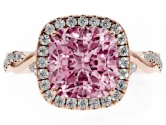 Fancy Pink Cushion Cut Diamond Halo Twist Band Solitaire Ring Set in Rose gold with Prong Setting
