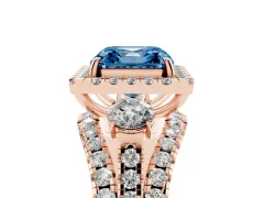 Fancy Blue Asscher Cut Diamond Halo Split Shank Ring Set in Rose gold with Round Accent Stones and Prong Setting