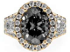 Fancy Black Oval Cut Diamond Halo Split Shank Ring Set in Yellow gold with Round Accent Stones and Prong Setting