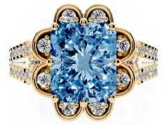 Fancy Blue Radiant Cut Diamond Floral Halo Split Shank Engagement Ring Set in Yellow gold with Pavé Shank
