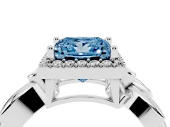 Fancy Blue Princess Cut Diamond Halo Floral Band Ring Set in Silver with Prong Setting