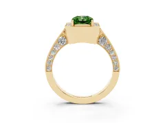 Fancy Green Radiant Cut Diamond Halo Engagement Ring Set in Yellow gold with Accent Split Shank Band