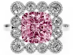 Fancy Pink Cushion Cut Diamond Cluster Halo Ring Set in Platinum with Milgrain Bezel Accents and Plain Band