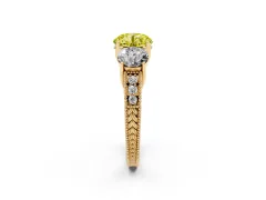 Fancy Yellow Round Cut Diamond Three-Stone Engagement Ring Set in Yellow gold with Milgrain Pavé Band