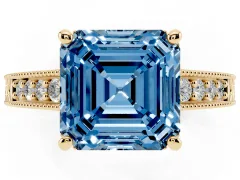 Fancy Blue Asscher Cut Diamond Solitaire Pavé Milgrain Engagement Ring Set in Yellow gold with Prong Setting