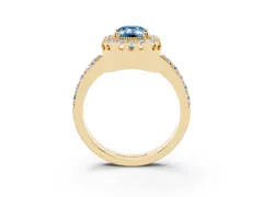 Fancy Blue Emerald Cut Diamond Halo Ring Set in Yellow gold with Pavé Shank and Prong Setting