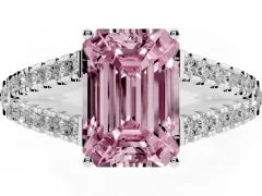 Fancy Pink Emerald Cut Diamond Split Shank Pavé Engagement Ring Set in Platinum with Prong-Held Center Stone