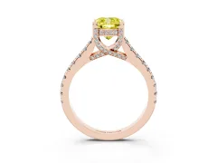Fancy Yellow Cushion Cut Diamond Solitaire Ring Set in Rose gold with Brilliant Pavé Band and Prong Setting