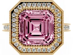 Fancy Pink Asscher Cut Diamond Halo Milgrain Pavé Band Ring Set in Yellow gold with Prong Setting