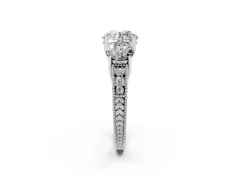 Round Cut Diamond Three-Stone Engagement Ring Set in White gold with Milgrain Pavé Band