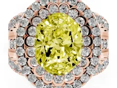 Fancy Yellow Oval Cut Diamond Double Halo Ring Set in Rose gold with Round Pavé Split Shank
