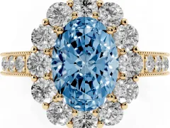 Fancy Blue Oval Cut Diamond Halo Pavé Engagement Ring Set in Yellow gold with Milgrain Detailing