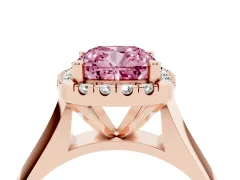 Fancy Pink Cushion Cut Diamond Halo Solitaire Engagement Ring Set in Rose gold with Square Band and Prong Setting