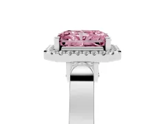Fancy Pink Radiant Cut Diamond Halo Ring Set in White gold with Pavé-Lined Split Shank Band