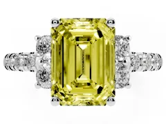 Fancy Yellow Emerald Cut Diamond Three-Stone Pavé Ring Set in White gold with Prong Setting