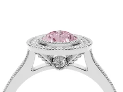 Fancy Pink Pear Cut Diamond Halo Milgrain Pavé Band Ring Set in White gold with Prong Setting