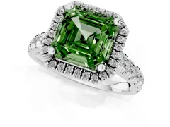 Fancy Green Asscher Cut Diamond Halo Engagement Ring Set in Platinum with Pavé Band and Prong-Set Center