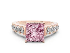 Fancy Pink Princess Cut Diamond Solitaire Ring Set in Rose gold with Cut-Down Micro Pavé Band and Prong Setting