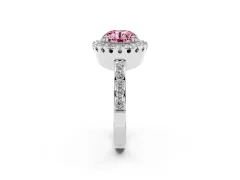 Fancy Pink Round Cut Diamond Halo Ring Set in Platinum with Pavé Shank and Prong Setting