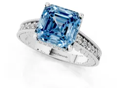 Fancy Blue Asscher Cut Diamond Solitaire Pavé Milgrain Engagement Ring Set in Platinum with Prong Setting
