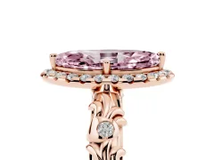 Fancy Pink Marquise Cut Diamond Halo Ring Set in Rose gold with Filigree Leaf Band and Prong Setting