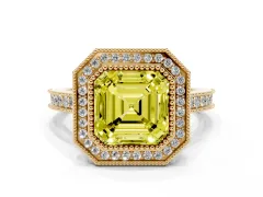 Fancy Yellow Asscher Cut Diamond Halo Milgrain Pavé Band Ring Set in Yellow gold with Prong Setting