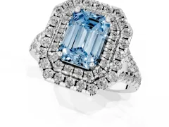 Fancy Blue Emerald Cut Diamond Double Halo Ring Set in Platinum with Pavé Split Shank and Prong Setting