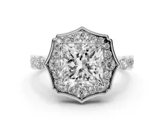 Princess Cut Diamond Halo Engagement Ring Set in White gold with Milgrain Band and Prong Setting