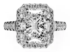 Radiant Cut Diamond Halo Engagement Ring Set in White gold with Pavé Band and Prong-Set Center