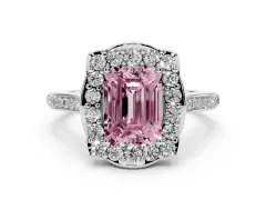 Fancy Pink Emerald Cut Diamond Halo Ring Set in Platinum with Pavé-Lined Shoulders and Prong Setting