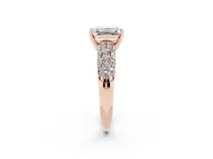 Emerald Cut Diamond Pavé Band Solitaire Ring Set in Rose gold with Close-Set Accent Stones and Prong Setting