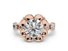 Round Cut Diamond Floral Halo Ring Set in Rose gold with Shared Prong Band