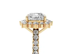 Cushion Cut Diamond Halo Ring Set in Yellow gold with Pavé Band and Prong Setting
